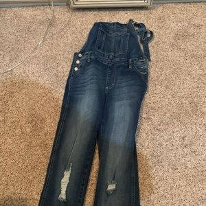 Kancan dark wash  semi distressed overalls